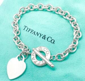 Tiffany & Co. Blank Heart Charm Toggle Bracelet Sterling Silver 8.5" w/ Pouch
